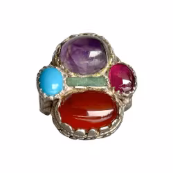 Antieke zilveren ring met meerdere edelstenen - 10,5 ct - Robijn, amethist, smaragd, Nishapur-turkoois en agaat