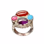 Antik multisten silverring - 10,5 ct - Rubin, Ametist, Smaragd & Nishapur turkos, Agat