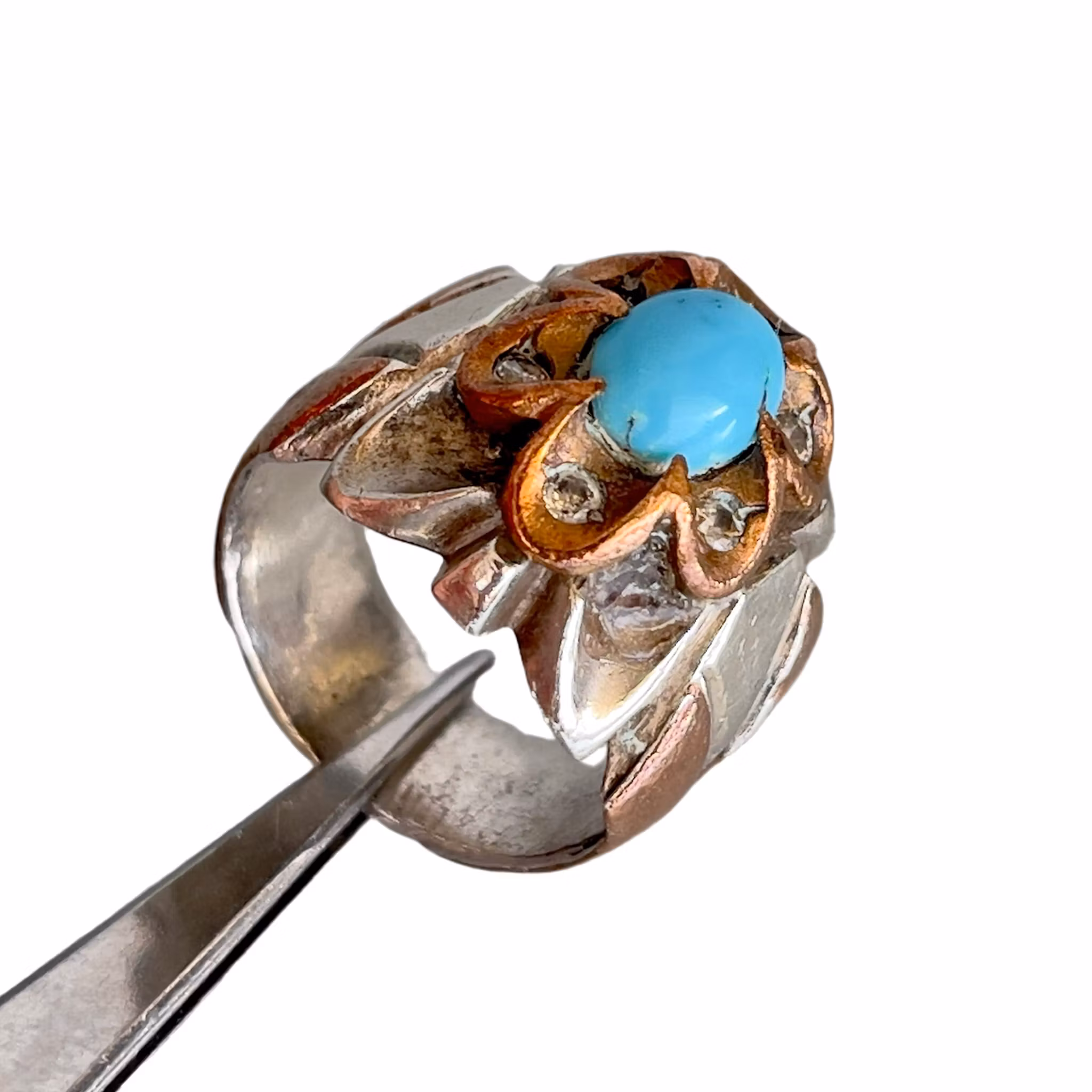 Vintage ca 2 ct Nishapur turkosring - Silver med koppararbete