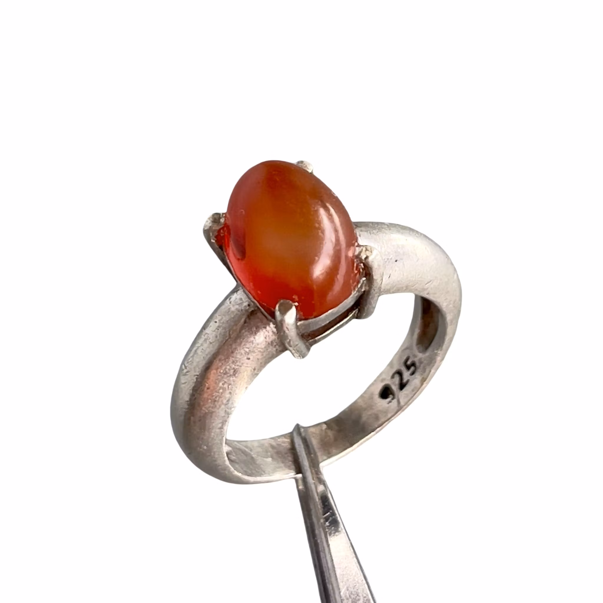 Anillo vintage de plata 925 con cornalina de 4 quilates - Cabujón rojo anaranjado