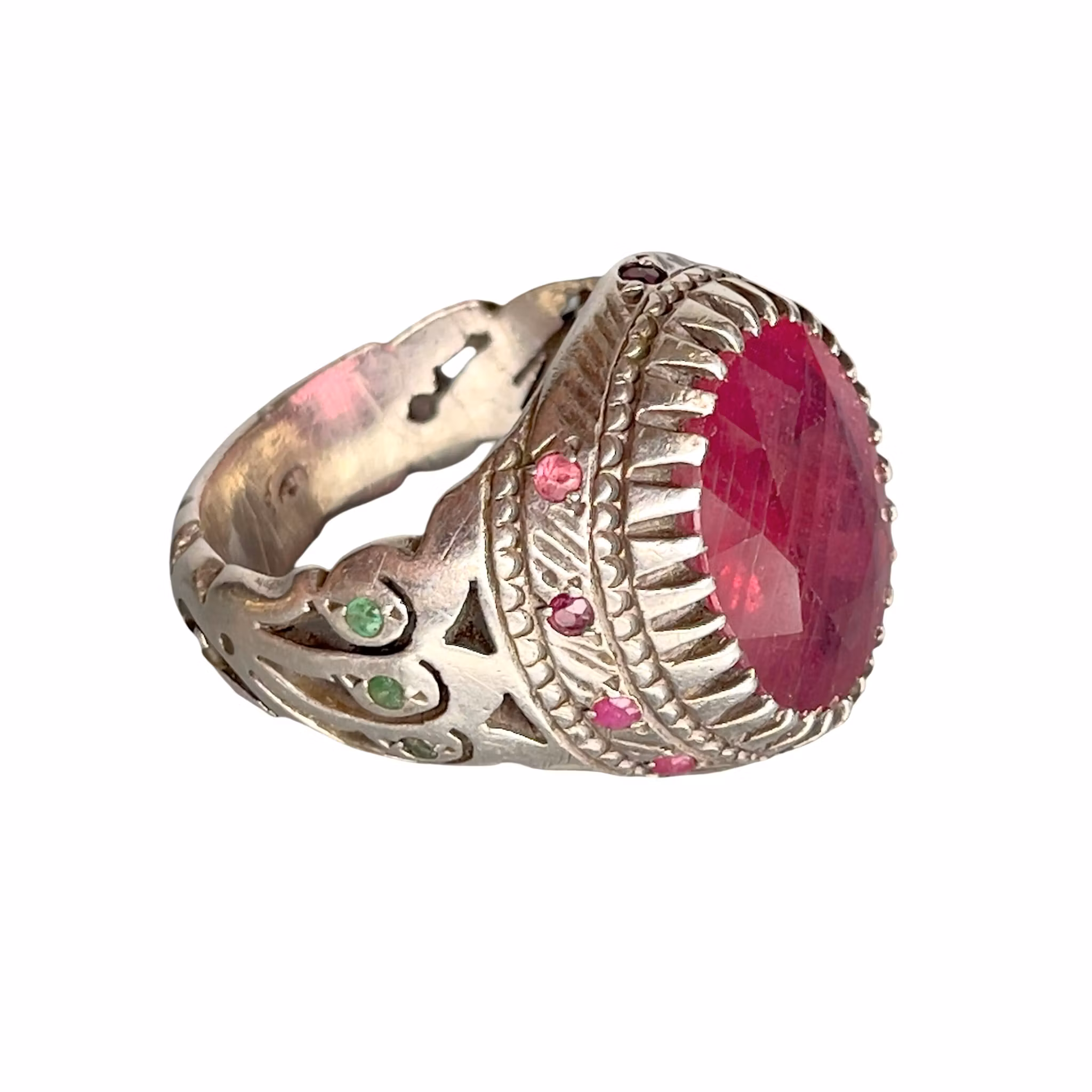 Anello grande con rubino naturale di circa 12 ct in argento 925 - Con piccoli rubini e smeraldi - 18 g