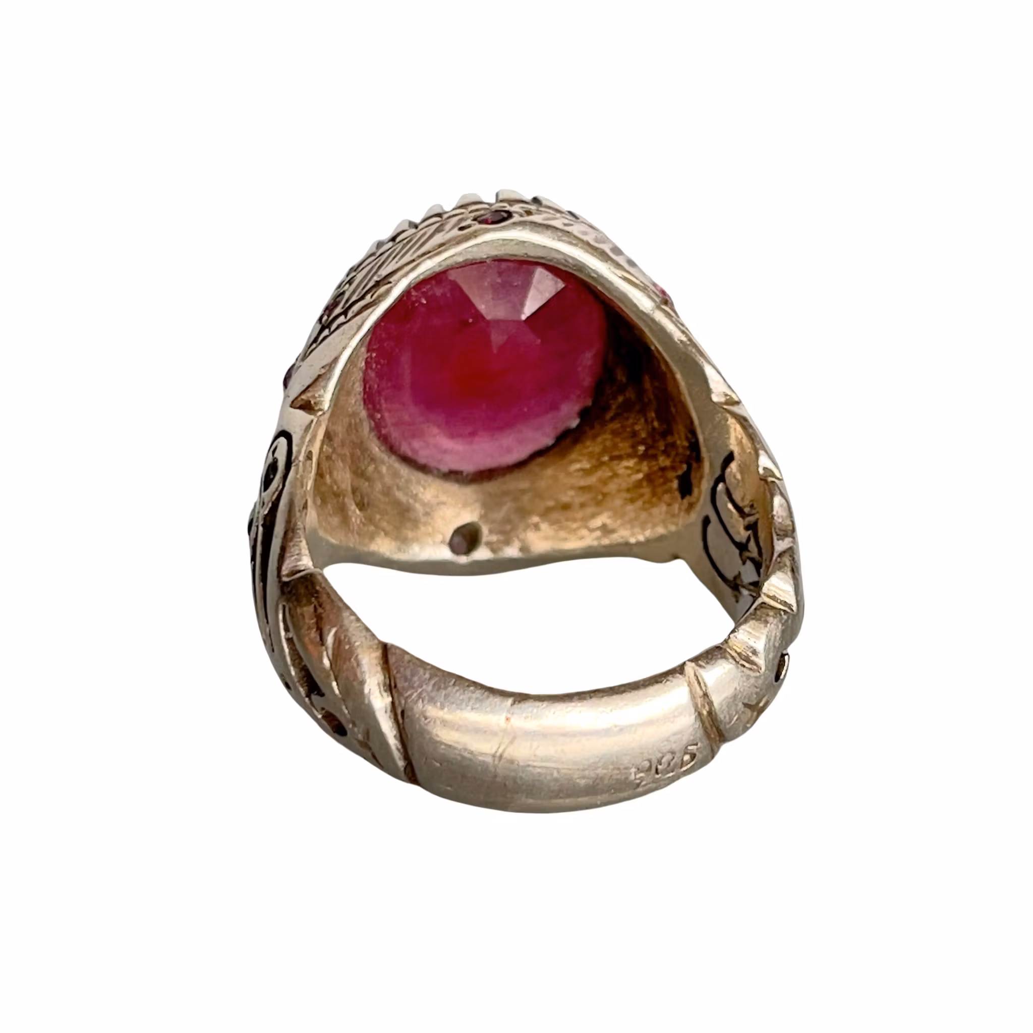 Anello grande con rubino naturale di circa 12 ct in argento 925 - Con piccoli rubini e smeraldi - 18 g