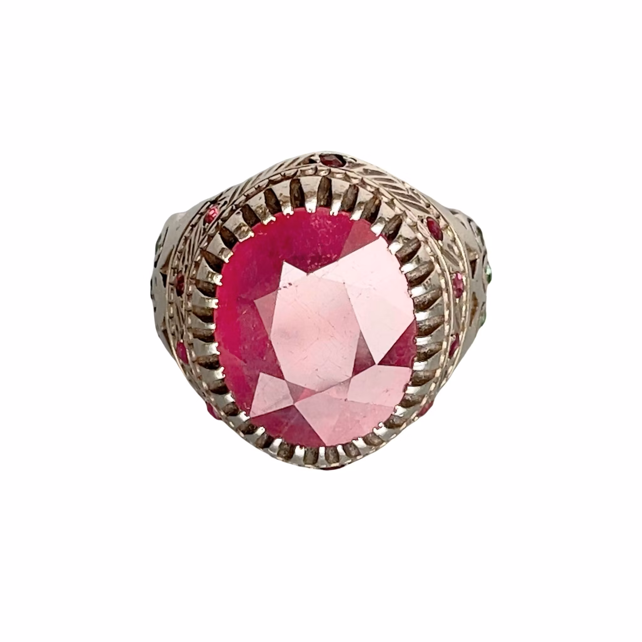 Anello grande con rubino naturale di circa 12 ct in argento 925 - Con piccoli rubini e smeraldi - 18 g