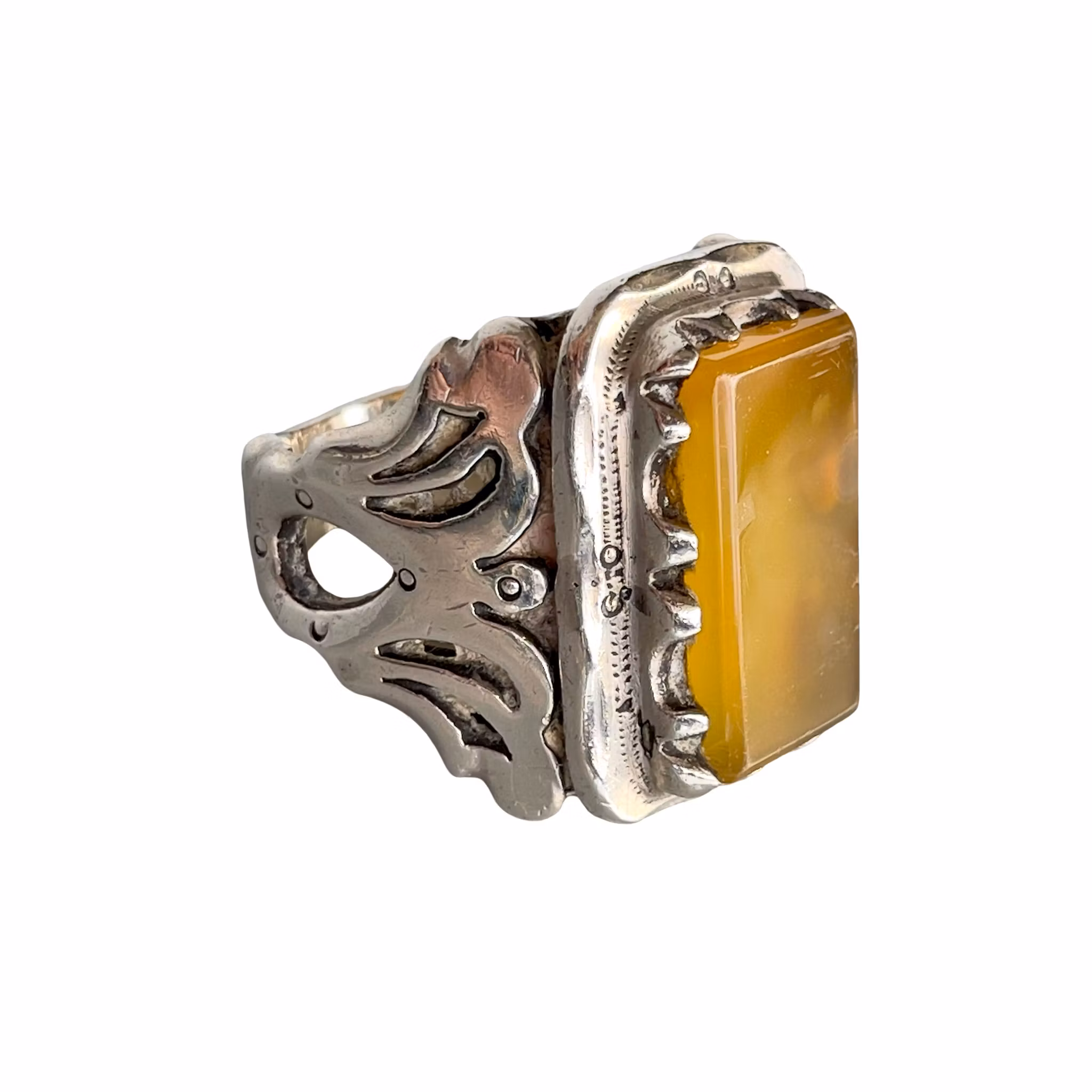 Kraftig vintage silver ring med ca 18 ct gul agat - 26 g - Orientalisk design