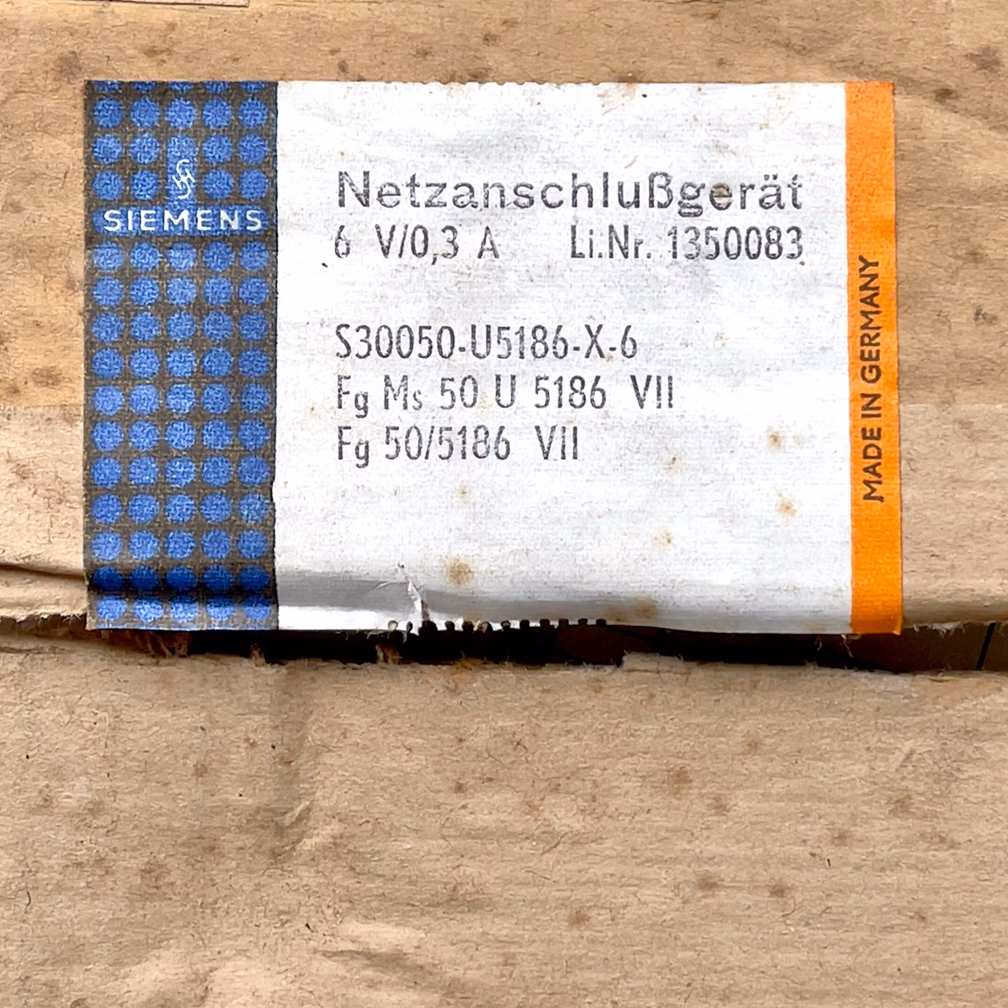 Siemens Netzanschlussgerät - Nätaggregat 6 V / 0,3 A - Oanvänd - Germany