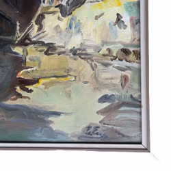 EE Monogram - Oliemaleri på panel - Byudsigt med hustage - Modernistisk