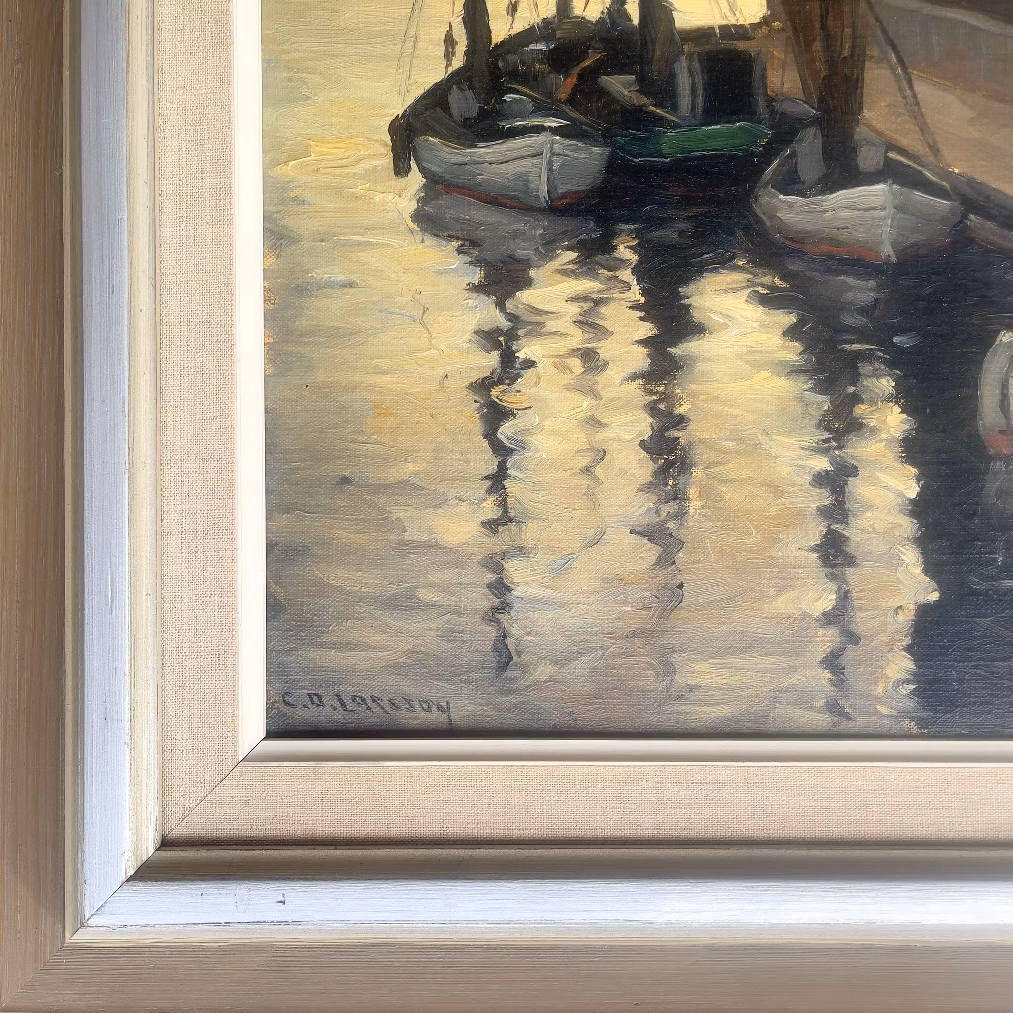 Carl Oscar Larsson (1887-1962) - Hamnmotiv - Olja på pannå - Signerad