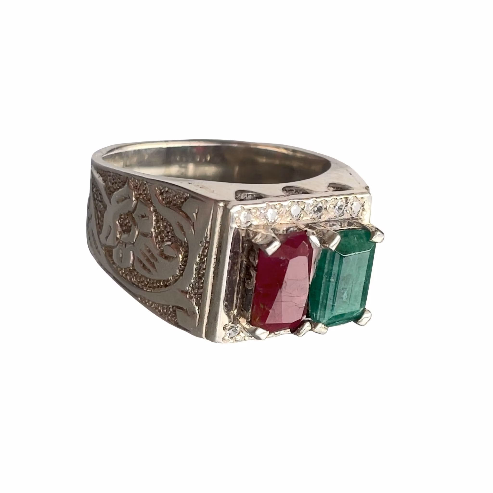 Elegant vintage silverring med naturlig smaragd & röd sten - Orientalisk design