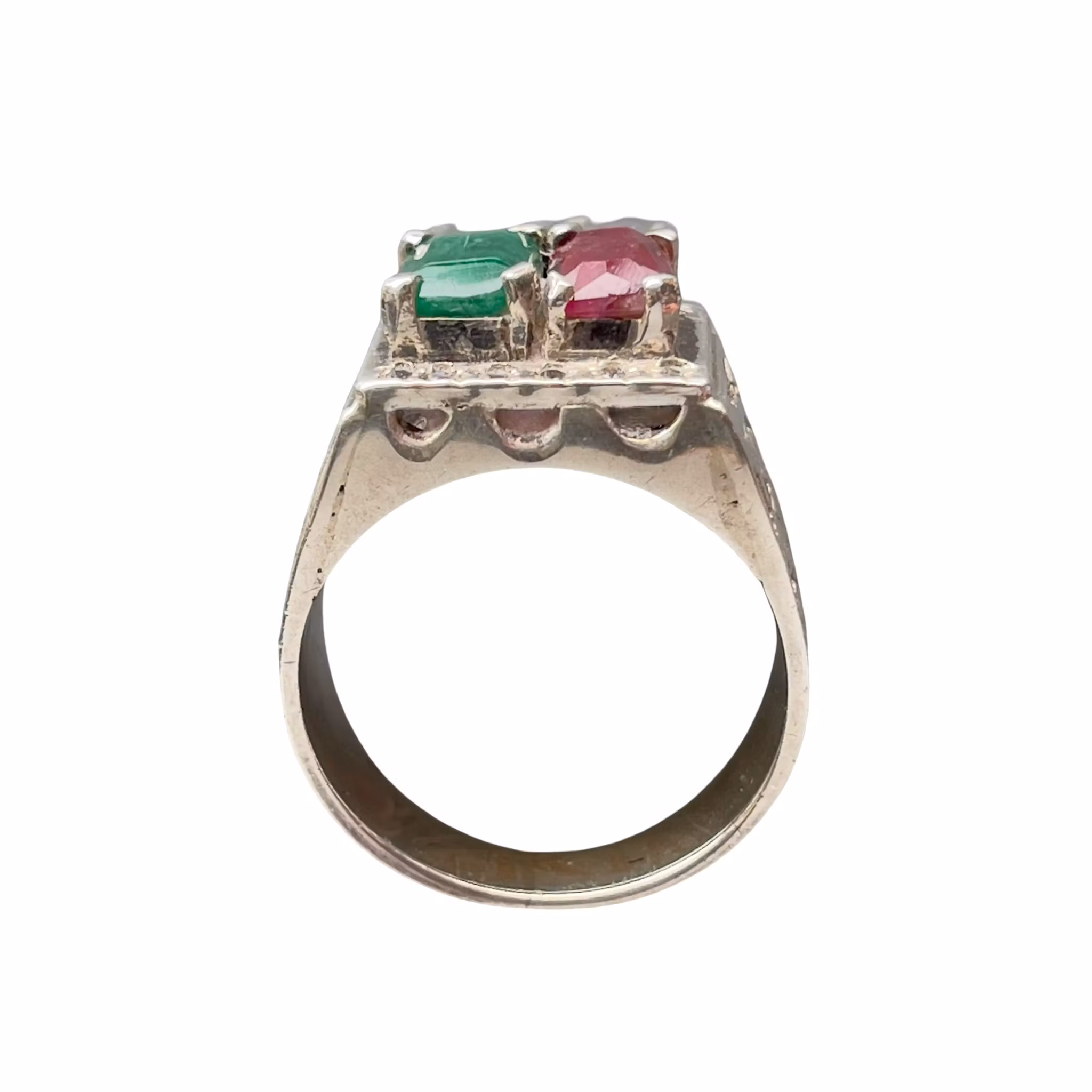 Elegant vintage silverring med naturlig smaragd & röd sten - Orientalisk design