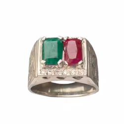 Elegant vintage silverring med naturlig smaragd & röd sten - Orientalisk design