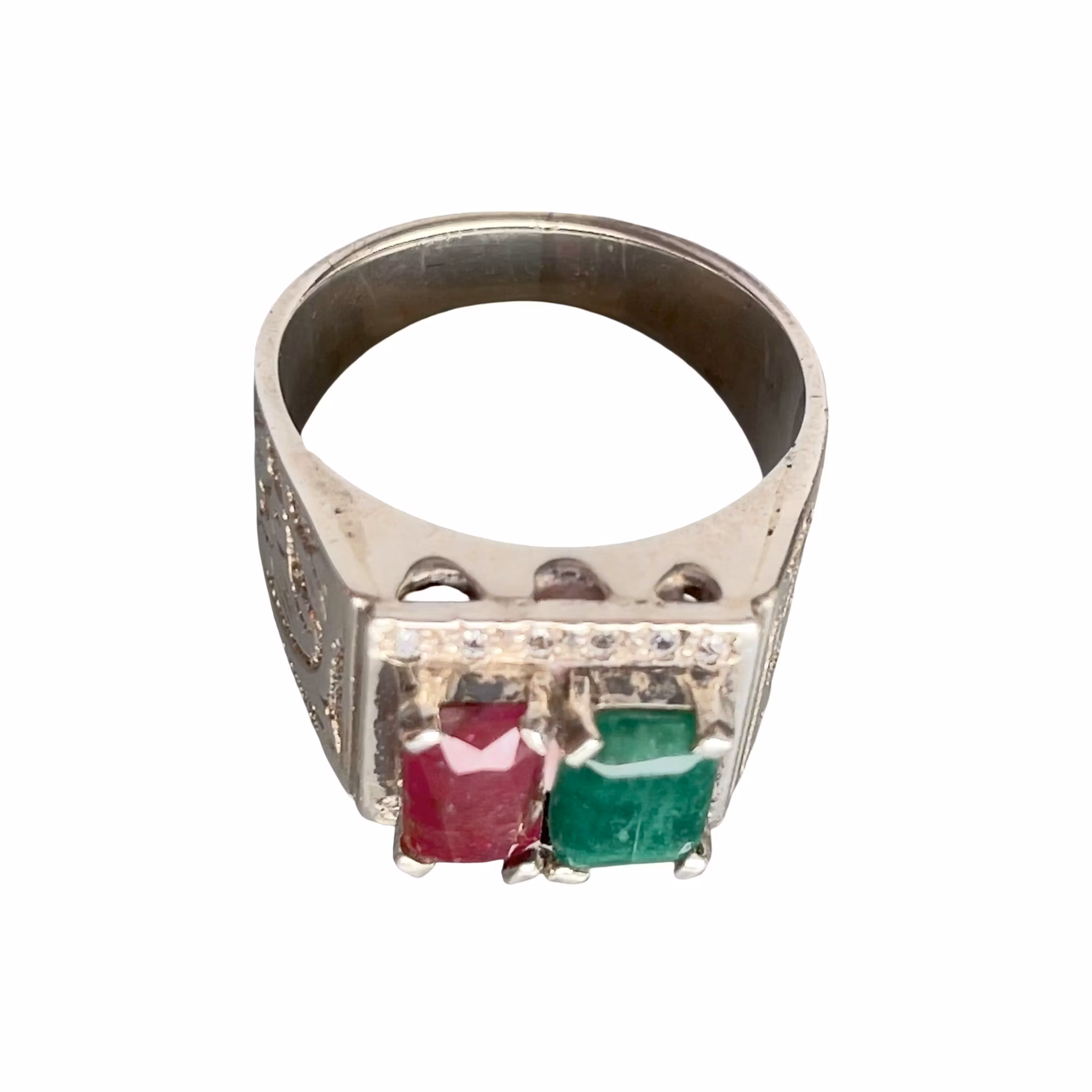 Elegant vintage silverring med naturlig smaragd & röd sten - Orientalisk design