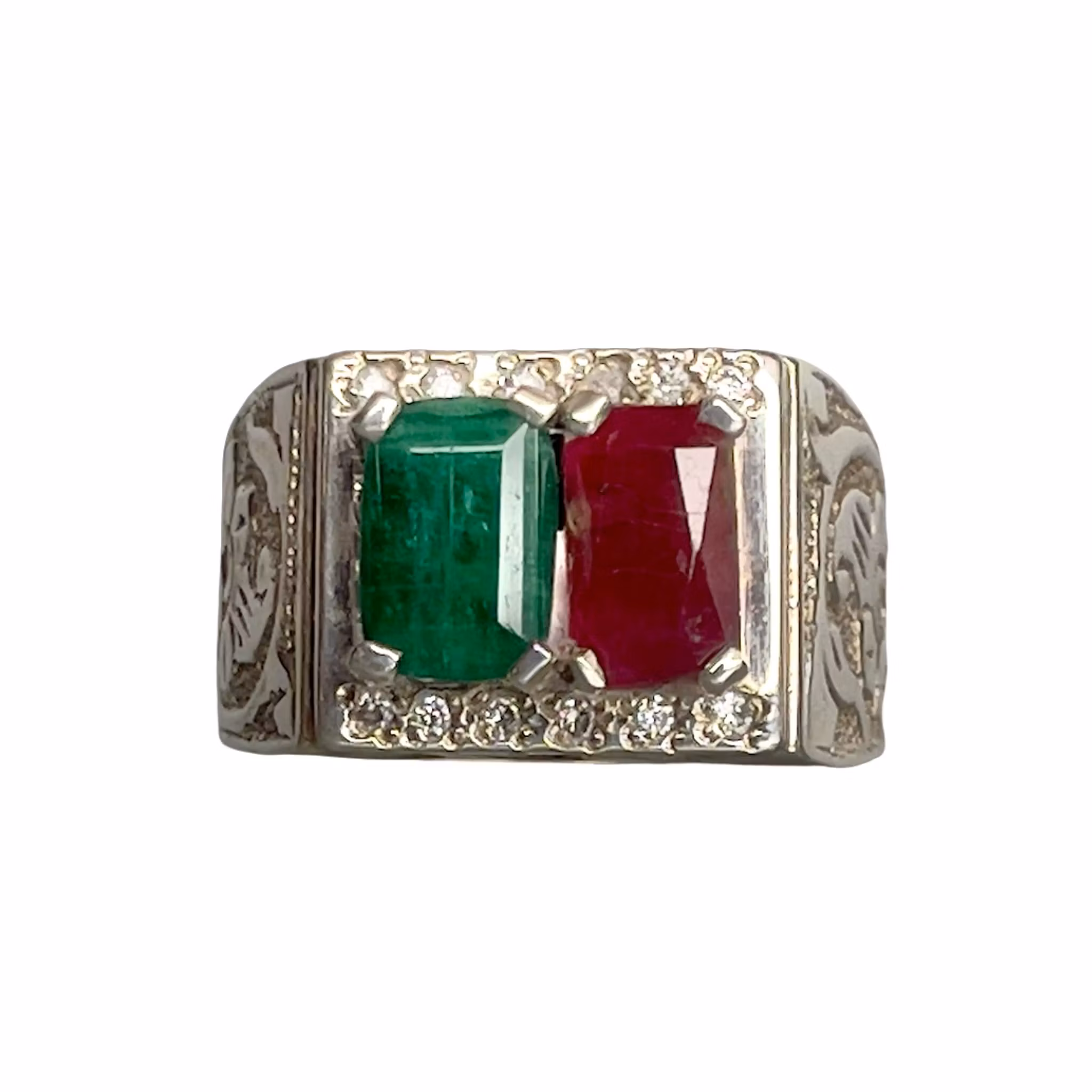 Elegant vintage silverring med naturlig smaragd & röd sten - Orientalisk design