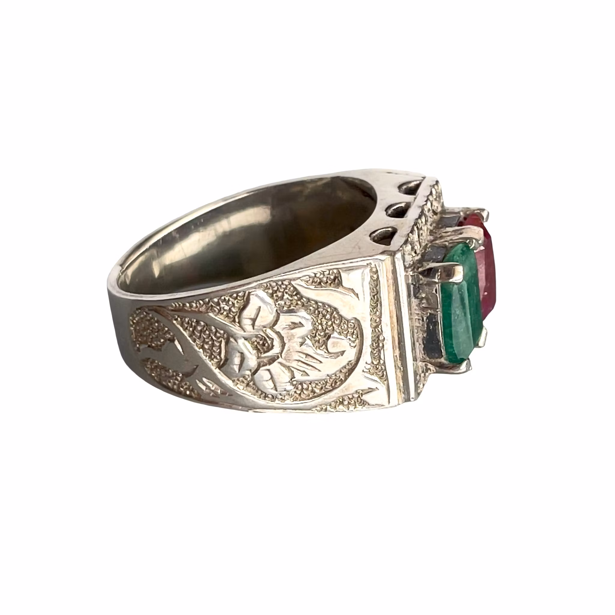 Elegant vintage silverring med naturlig smaragd & röd sten - Orientalisk design