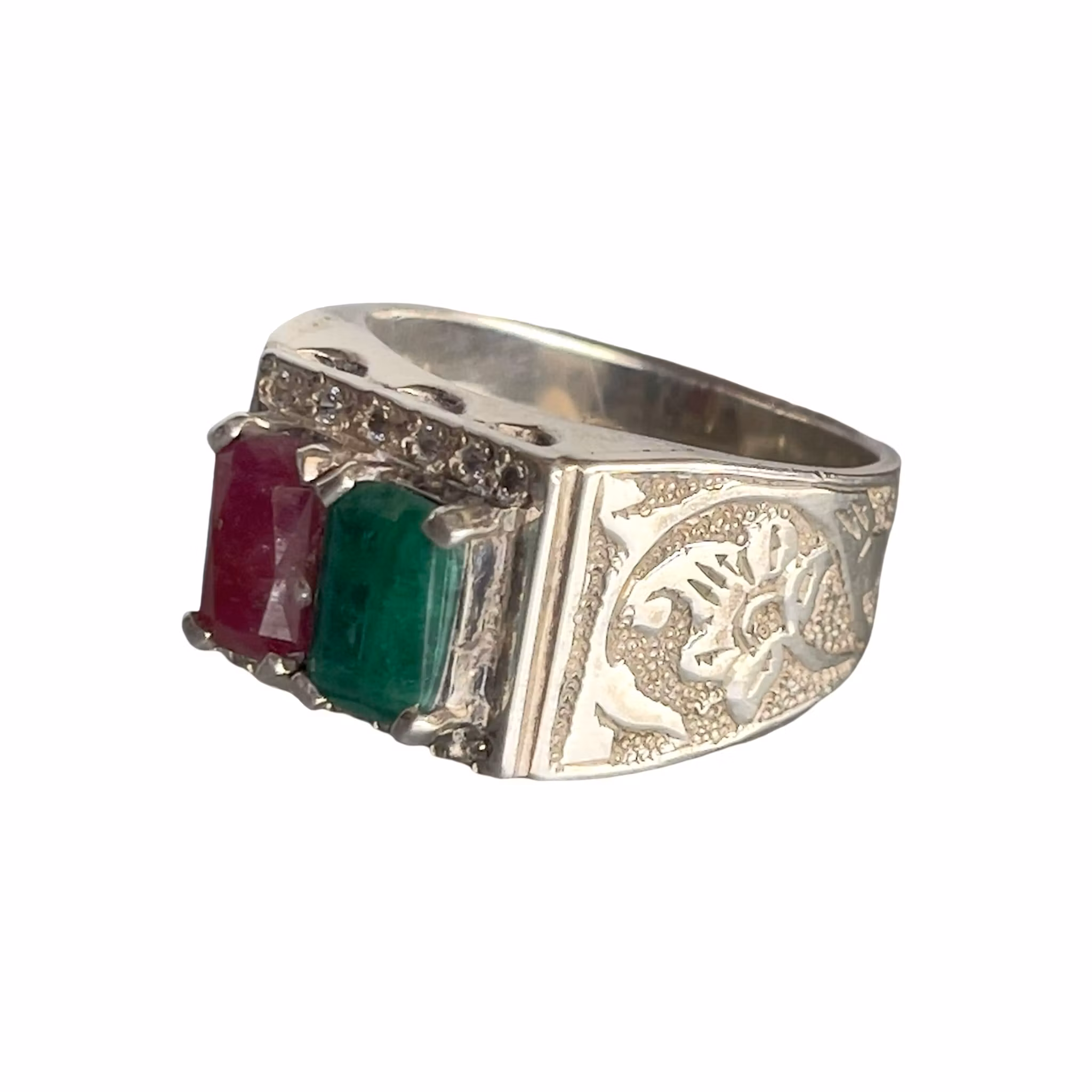 Elegant vintage silverring med naturlig smaragd & röd sten - Orientalisk design