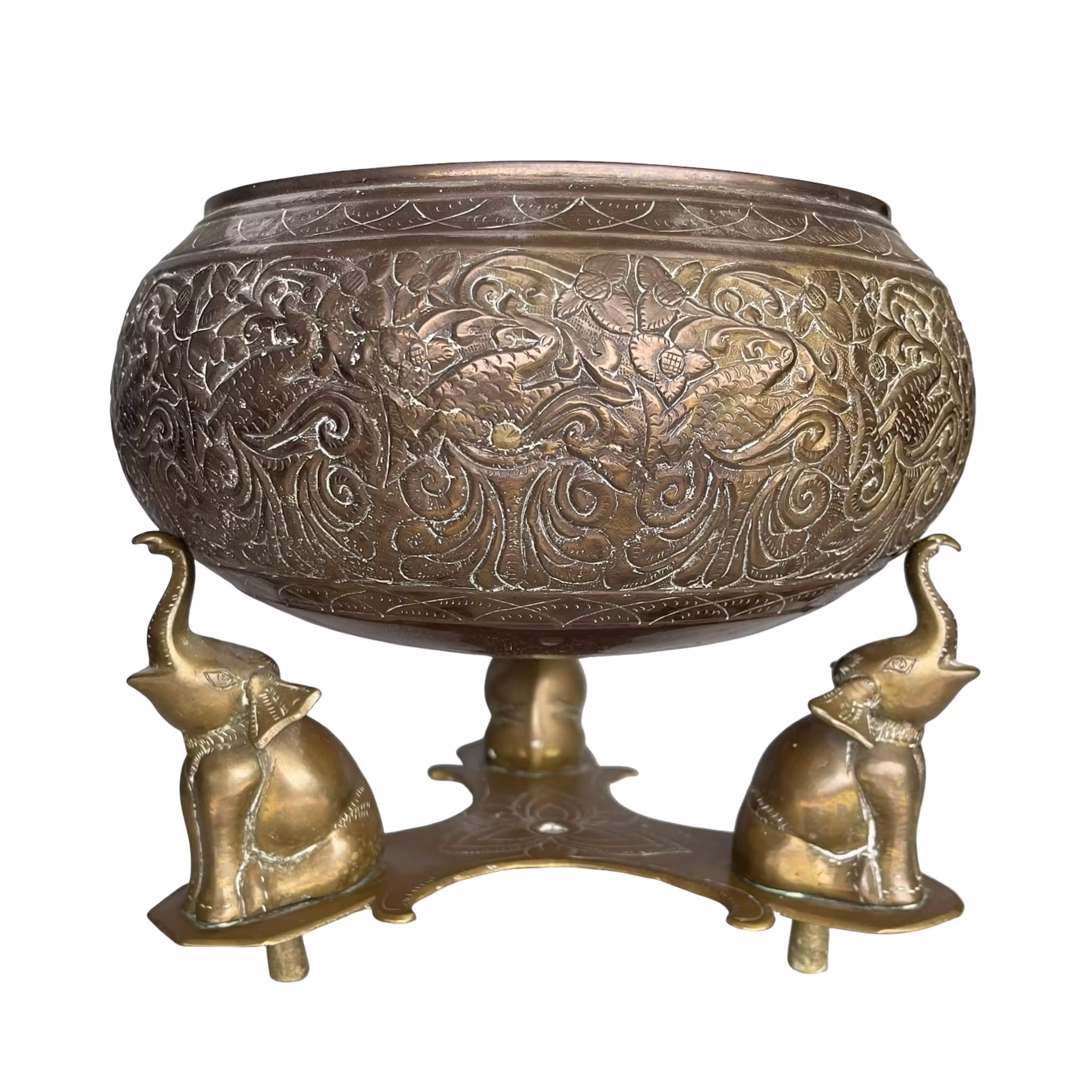 Vintage Mässingsskål - 3 Elefanter - Graverad Dekor - Orientalisk Design
