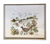 Vintage Handbroderad Tavla - Fasaner & Naturmotiv - Signerad A.M. 1974