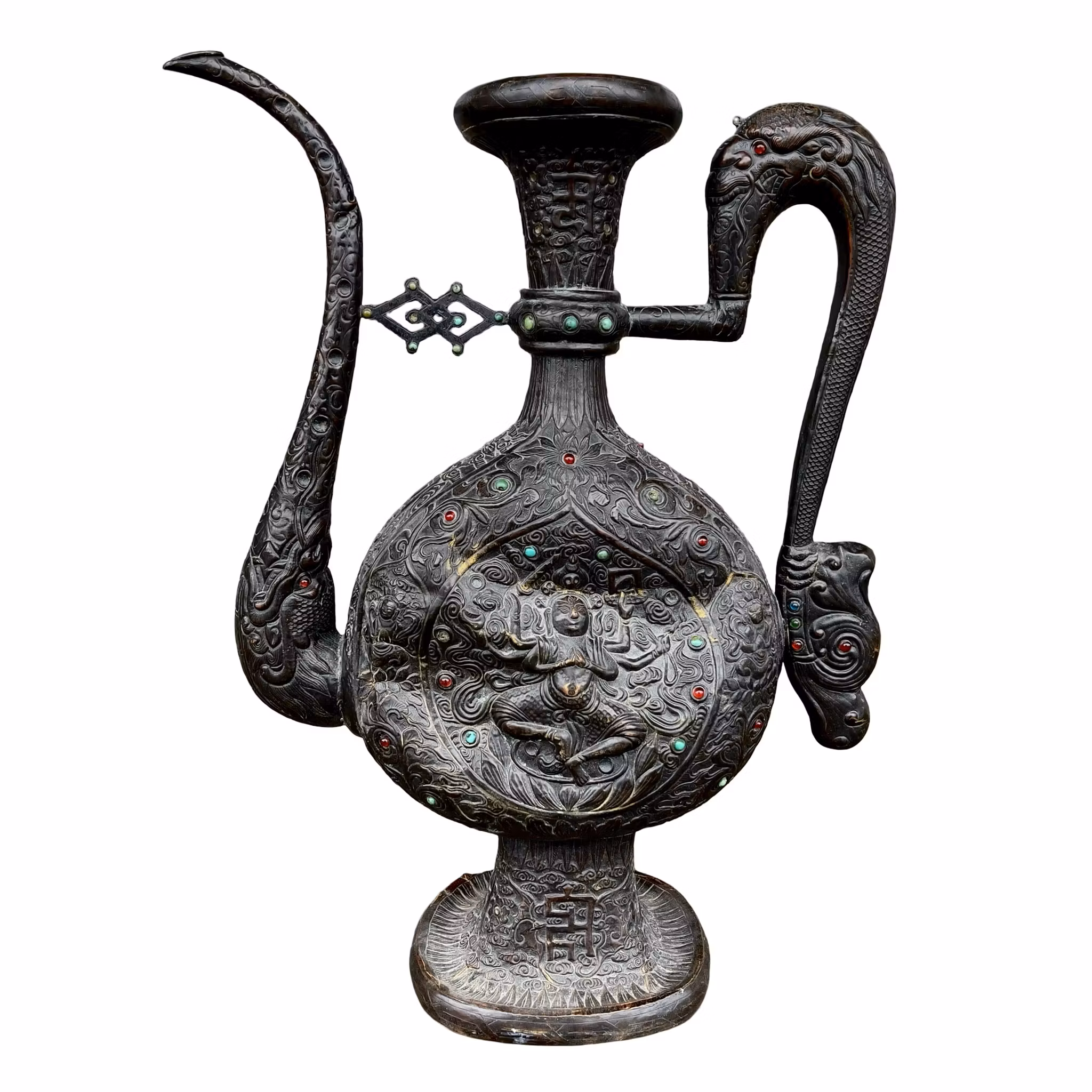 Stor Antik Tibetansk Ritualkanna i Brons - Avalokiteshvara - Buddhistisk Tempelkonst - 1800-tal