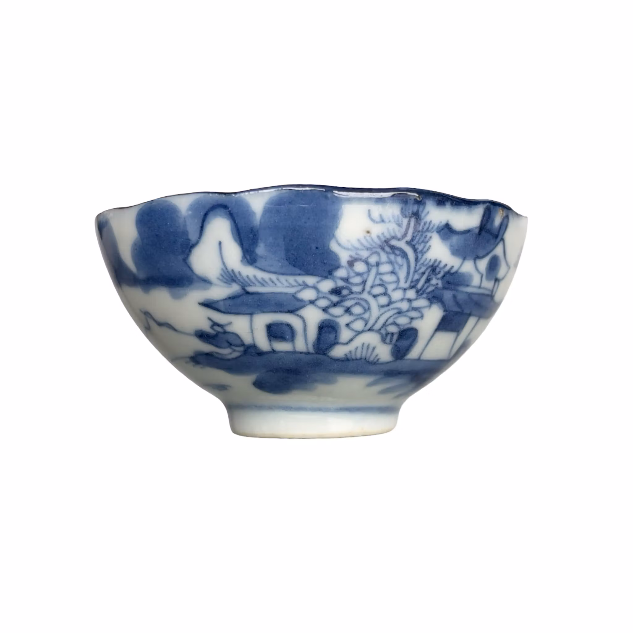 Antik Kinesisk Skål i Blåvitt Porslin - Qingdynastin 1800-tal - Landskapsmotiv - Märkt