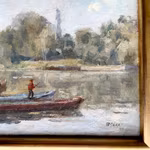 Émile Louis Méret (1866-1939) - Flodlandskap med båtar och fiskare - Olja på duk - Signerad 99