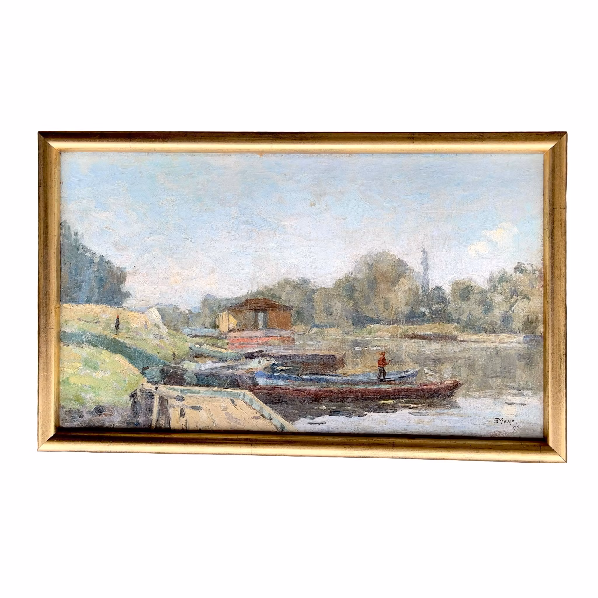 Émile Louis Méret (1866-1939) - Flodlandskap med båtar och fiskare - Olja på duk - Signerad 99