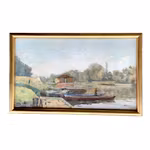 Émile Louis Méret (1866-1939) - Flodlandskap med båtar och fiskare - Olja på duk - Signerad 99
