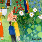 Árpádné Csernák (1943) - Oljemålning - Naivistisk Trädgårdsfest - Signerad