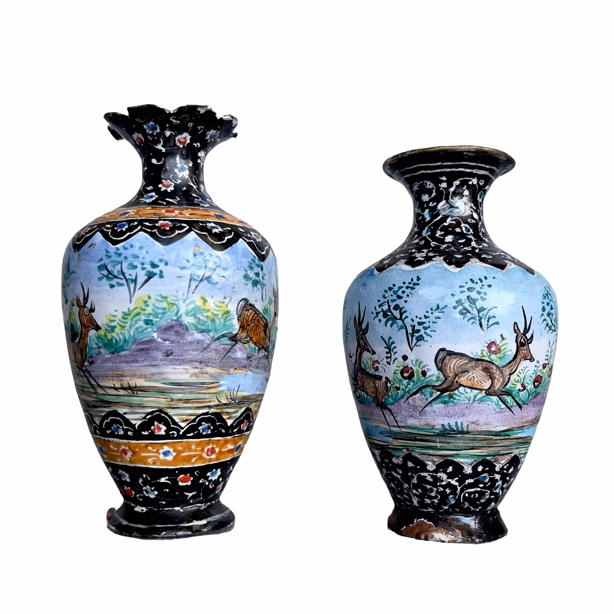 2 St Persiska Vaser i Koppar med Minakari Emalj - Qajar 1800-talet