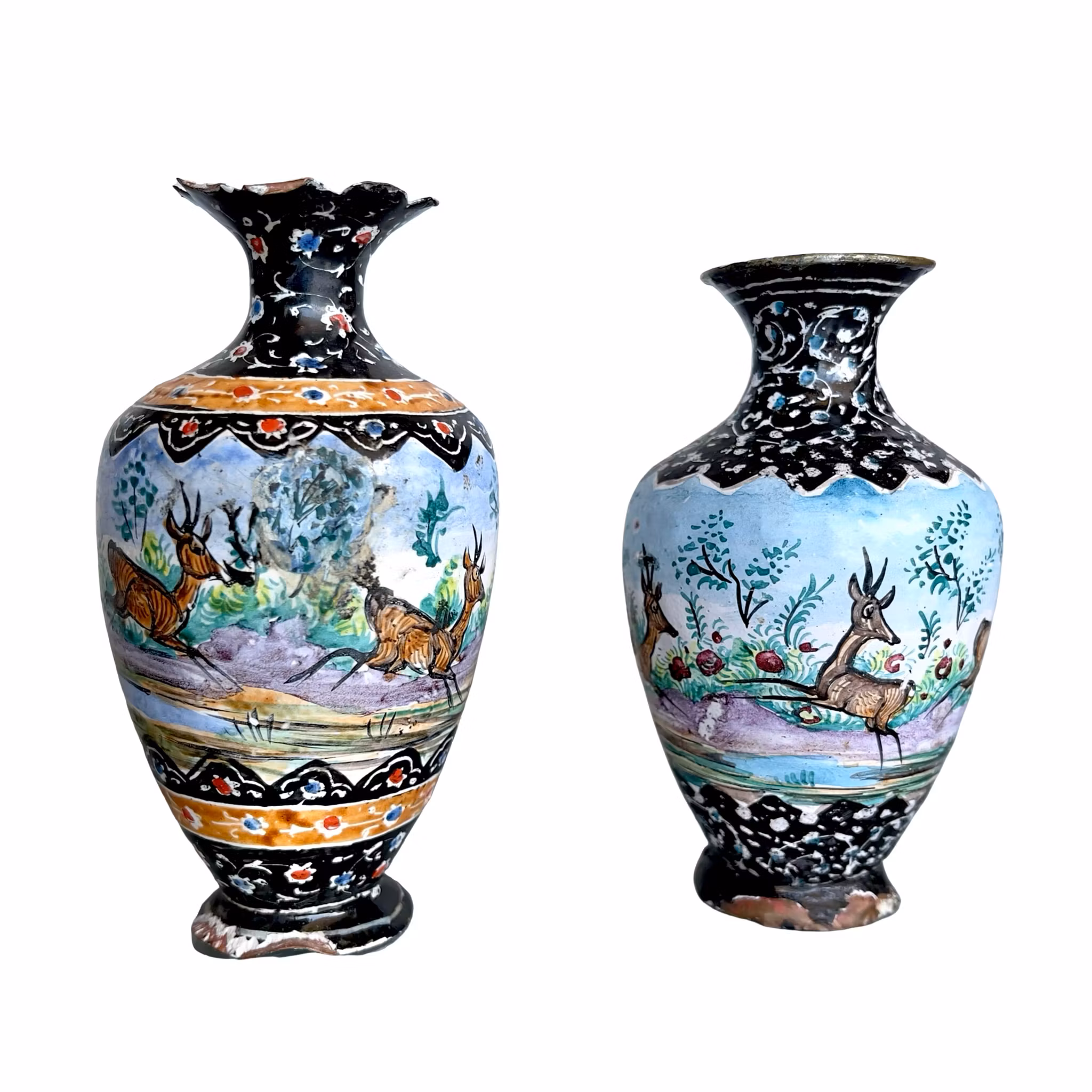 2 St Persiska Vaser i Koppar med Minakari Emalj - Qajar 1800-talet