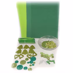 Grönmix med hobbymaterial - dekorgummi, träpinnar,  band, pärlor, blommor, mm