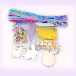 Påskmix med hobbymaterial - Piprensare, träpärlor, träfigurer, kyckling i filt