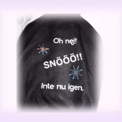 Isskrapa med vante - svart med vit text och iriserande snöflingor