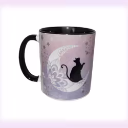 Mugg med katt på måne vit/svart