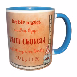 Mugg med text varmchoklad / julfilm och dekor - blå/vit