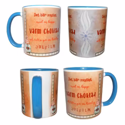 Mugg med text varmchoklad / julfilm och dekor - blå/vit