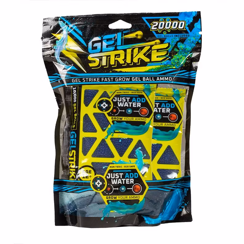 Förpackning med 20.000 st blå Gel Balls för användning med Gel Blasters.