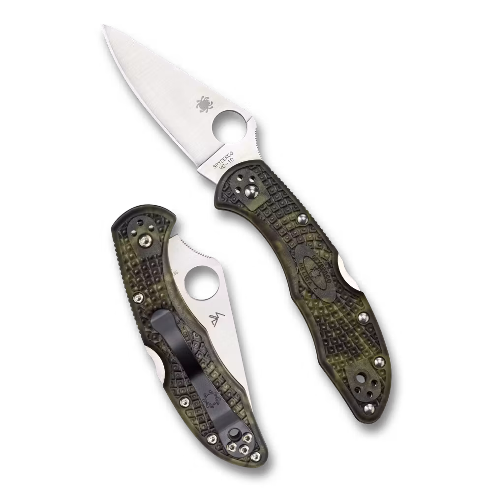 Spyderco Delica 4 Zome Green fällkniv med handfärgat FRN-handtag i grönt och svart mönster