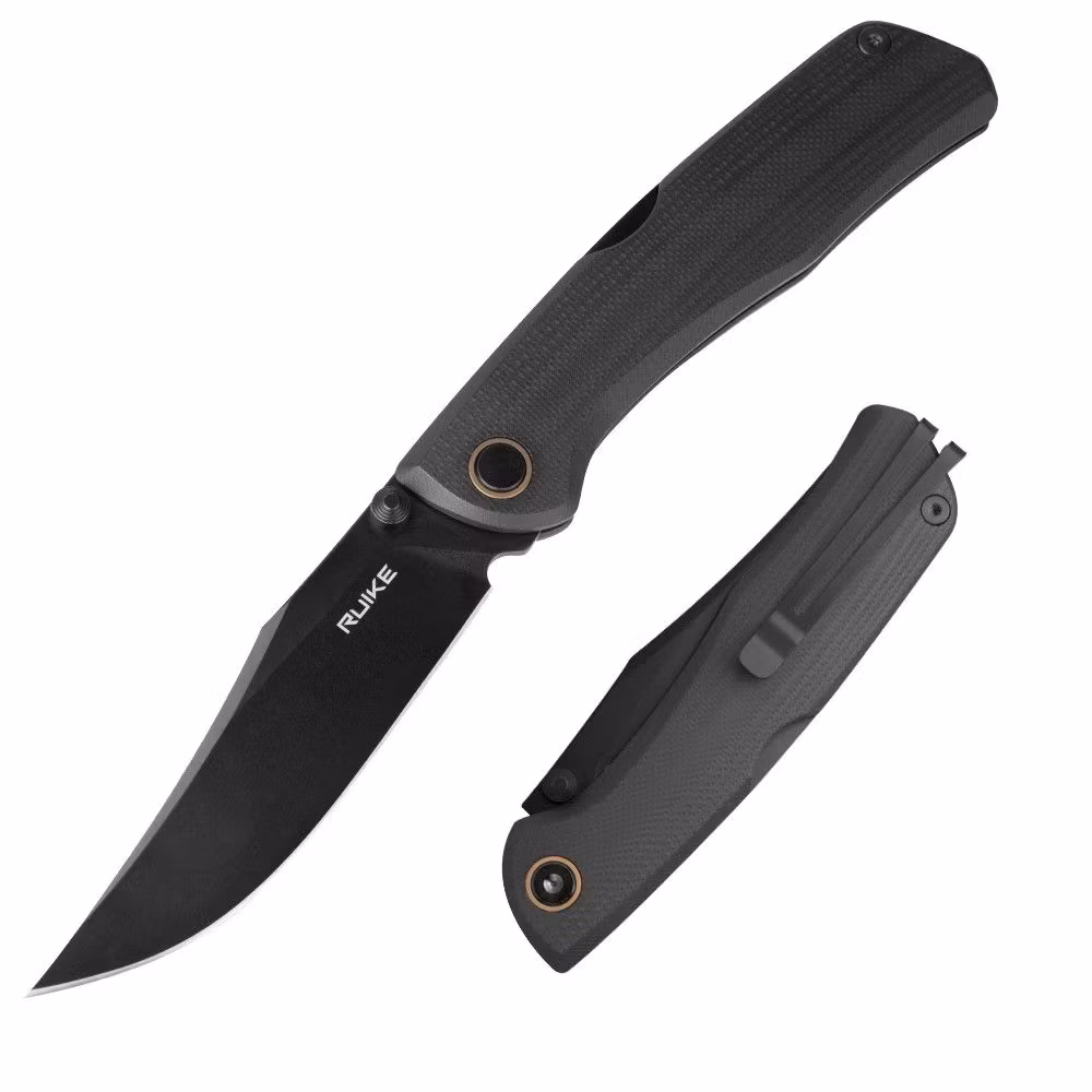 Ruike P882-B fällkniv med svart G10-handtag, back lock och mörkt stonewash-blad i 12C27