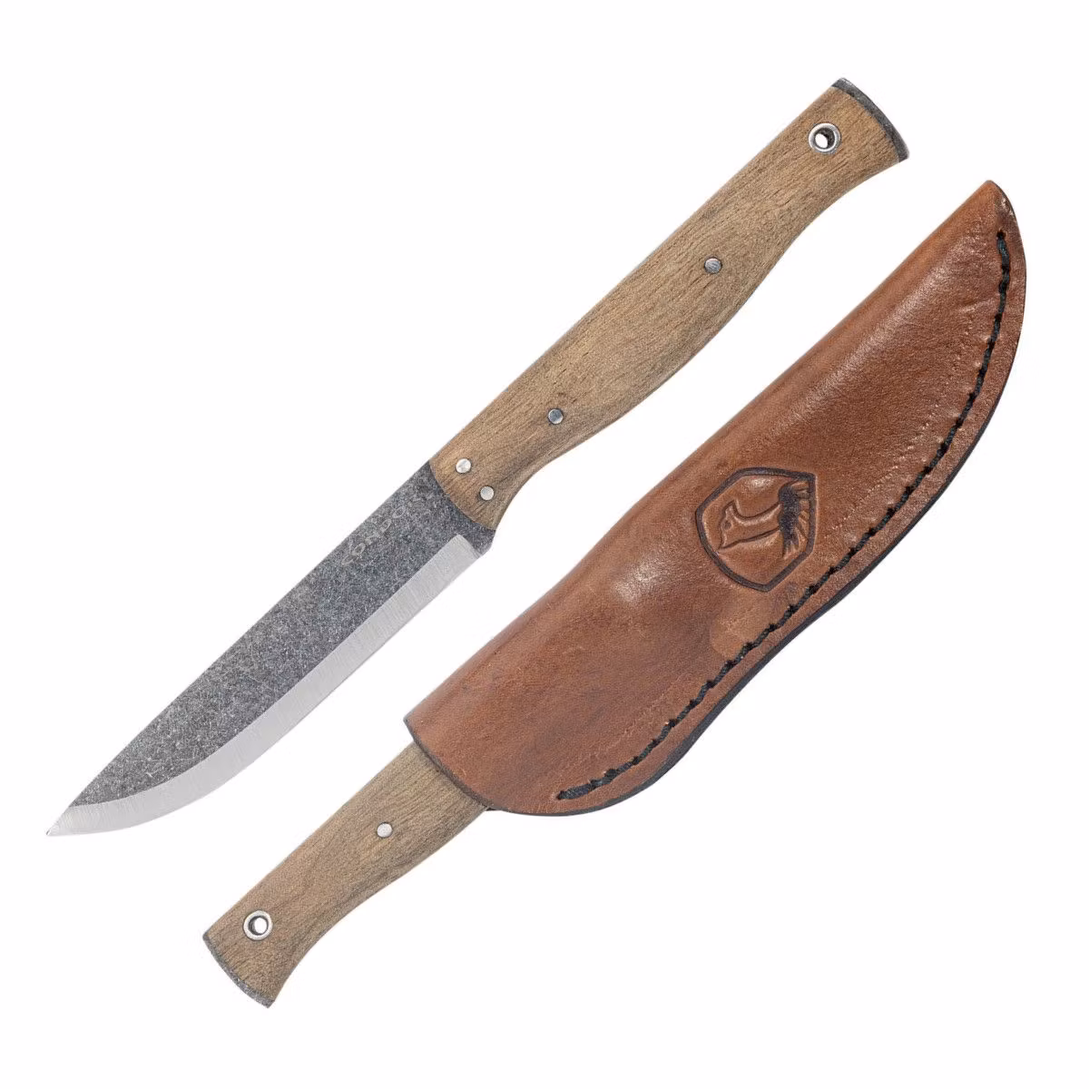 Condor Narrowsaur smal bushcraftkniv med scandislipat kolstålsblad, ljust valnötshandtag och läderslida