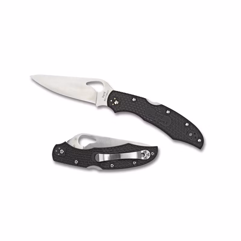 Spyderco Byrd Cara Cara 2 FRN fällkniv med svart texturerat FRN-handtag och flatslipat blad med komethål