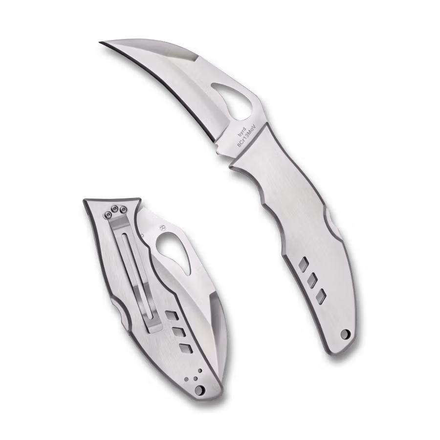 Spyderco Byrd Crossbill fällkniv med inåtböjt hawkbill-blad och handtag i borstat rostfritt stål