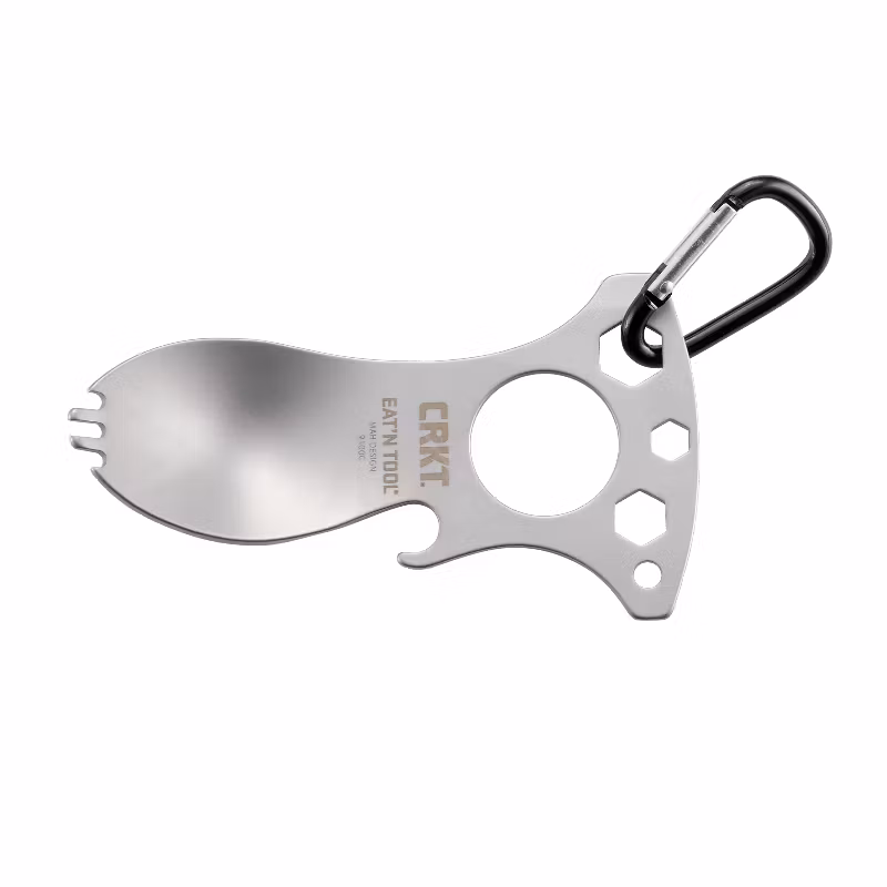 CRKT Eat'N Tool spork i rostfritt stål med kapsylöppnare, sexkantshål och svart karbinhake