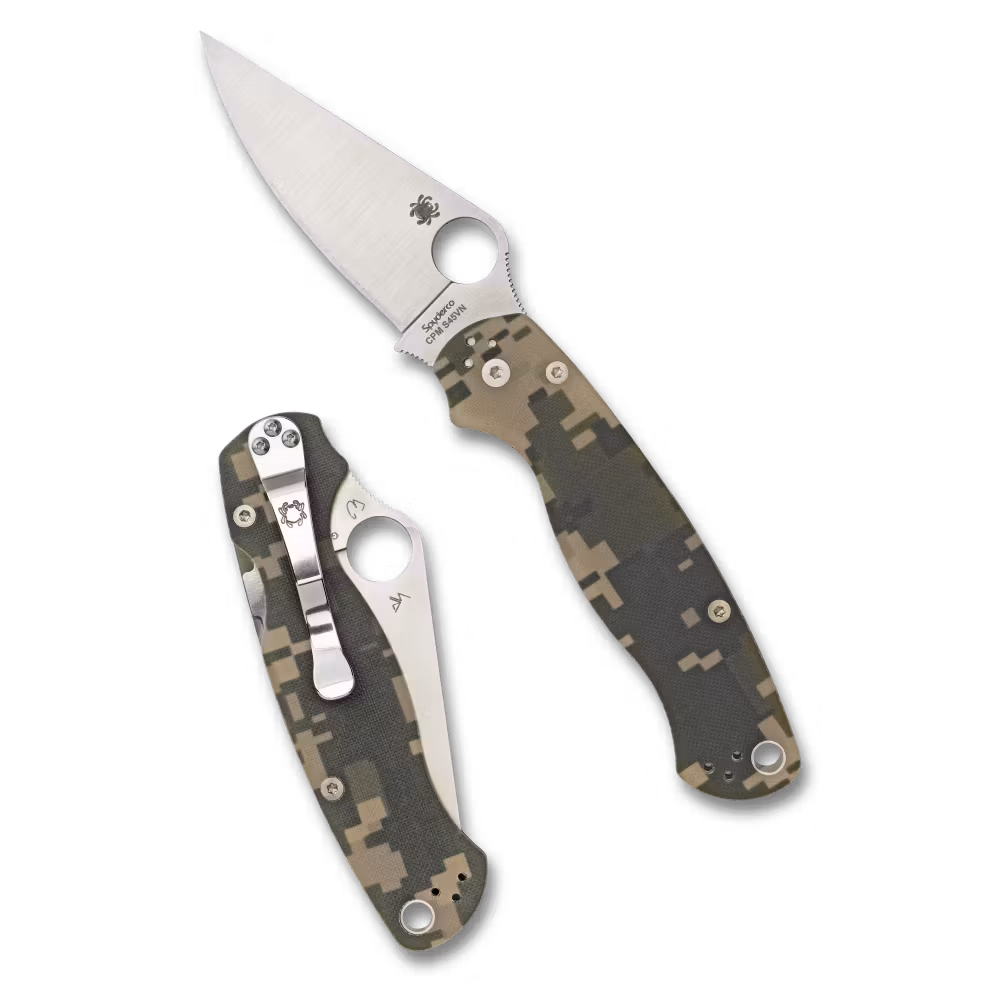 Spyderco Para Military 2 Camo fällkniv med G10-handtag i kamouflagemönster i beige, brunt och grönt