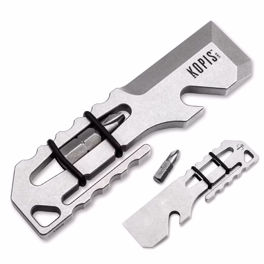 Böker Plus Grift bändverktyg i stonewashat stål med skelettformat handtag, räfflor och bits fäst med gummiband