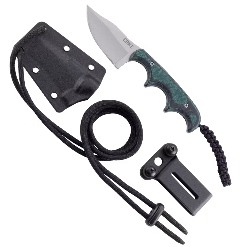 CRKT Minimalist Bowie halskniv med clip point-blad, grönsvart micartahandtag och slida med halssnodd