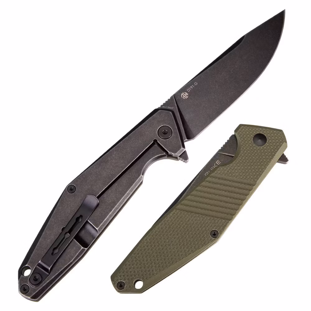 Ruike D191-G fällkniv med grön G10-sida, stålsida med frame lock och stentvättat blad