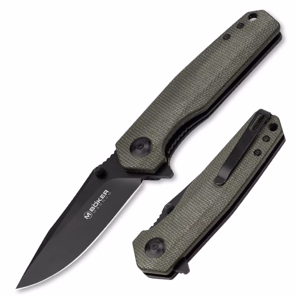 Böker Magnum Field Flipper fällkniv med olivgrönt Micarta-handtag och svartbelagt droppoint-blad