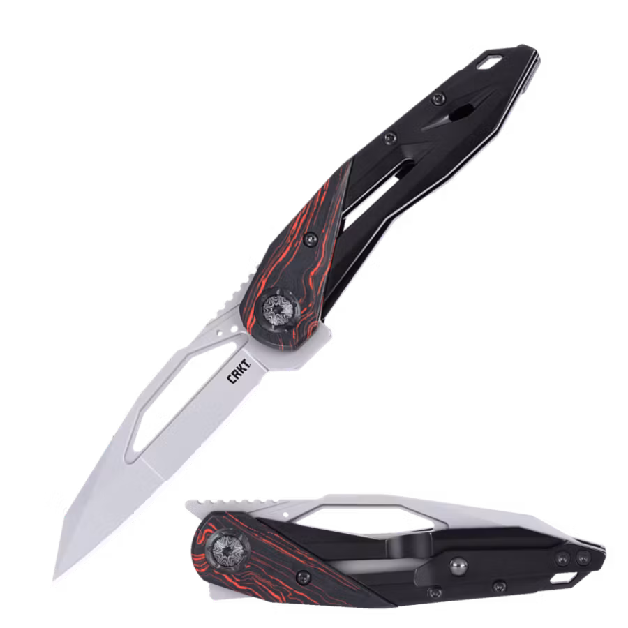 CRKT Nucleus fällkniv med tantoblad med genombrutet hål och skelettformad stålram med rött och svart G10