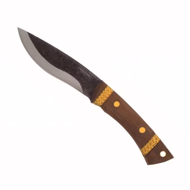 Condor Huron Large friluftskniv med svängd egg, valnötshandtag med trådlindning och brun läderslida