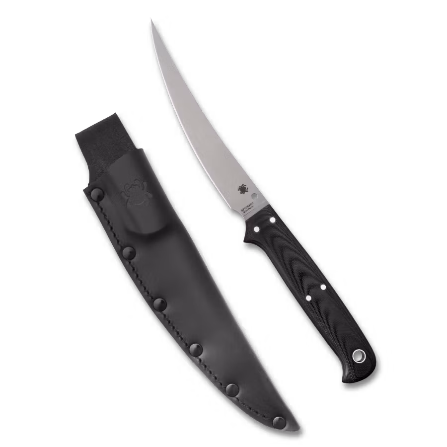 Spyderco Shelter Cove filékniv med tunt fast blad, svart G10-handtag och läderslida