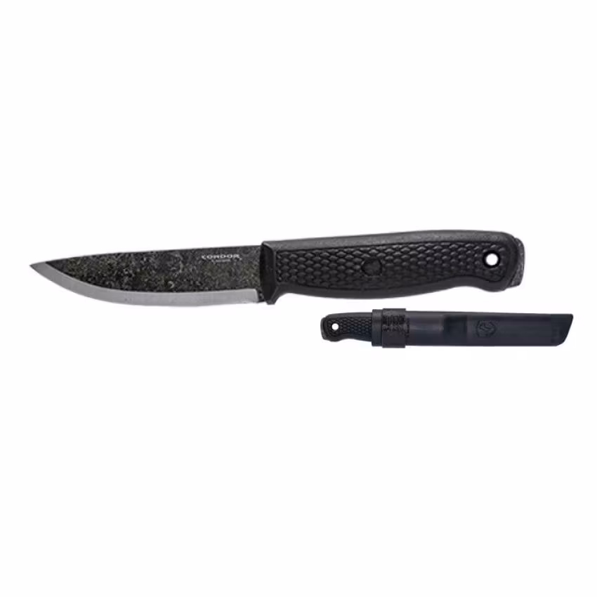 Condor Terrasaur svart bushcraftkniv med scandislipat blad, svart polypropenhandtag och plastslida